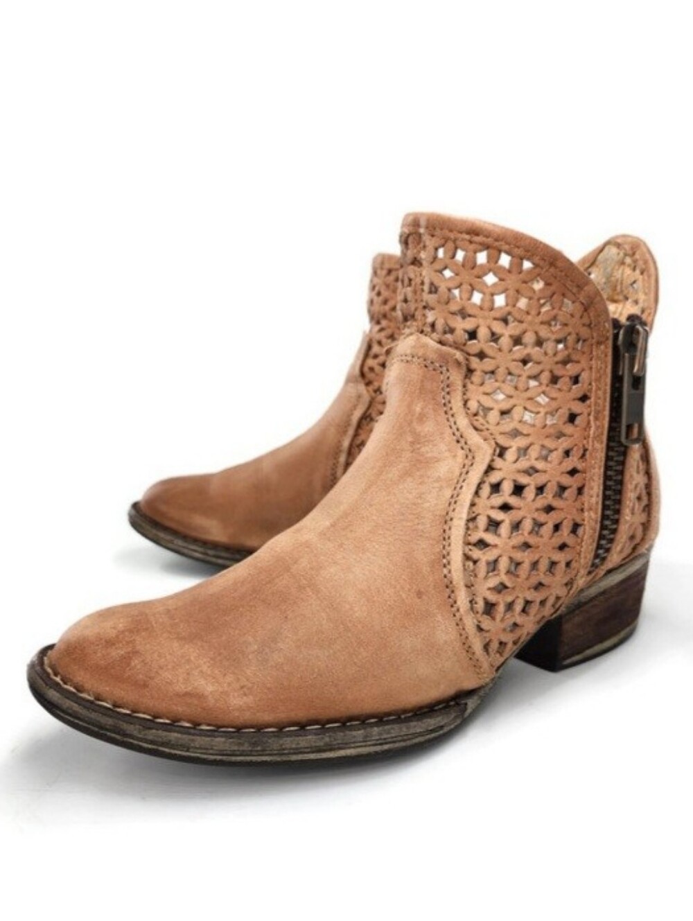 Circle G Corral Tan Cutout Distressed Leather Shortie Western Ankle Boots